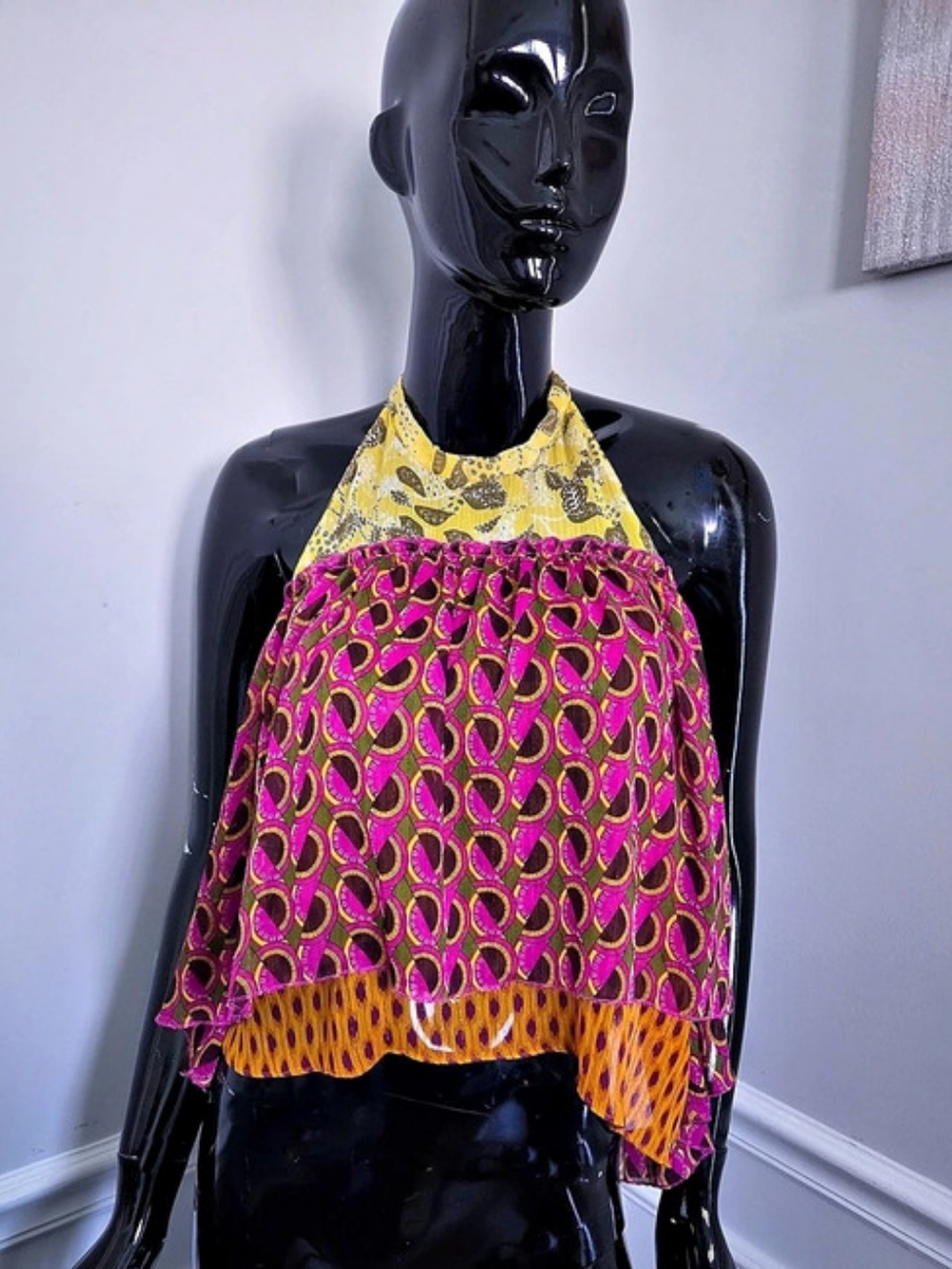 Zara Pink & Yellow Geometric Halter Crop Top
